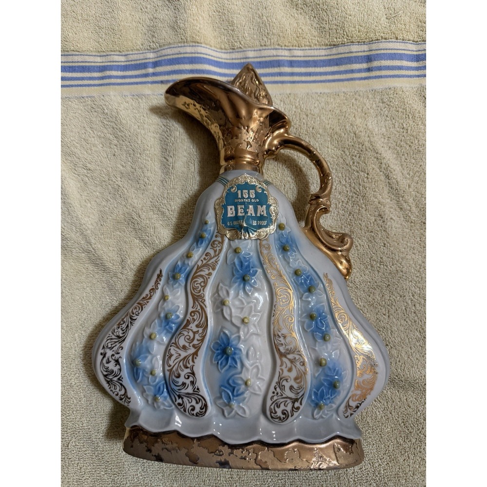 Vintage 1970 James Jim Beam Charisma Blue & White Floral Decanter Empty